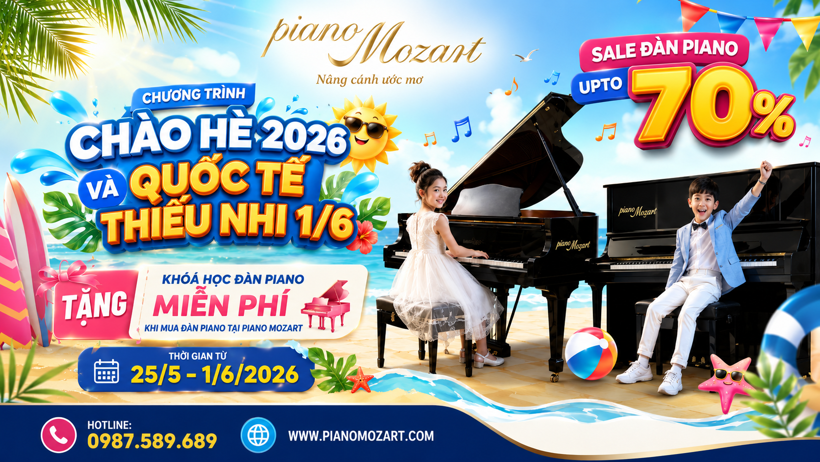 Chương trình chào hè 2026 Piano Mozart sale đàn piano lên tới 70% tặng khóa học piano miễn phí